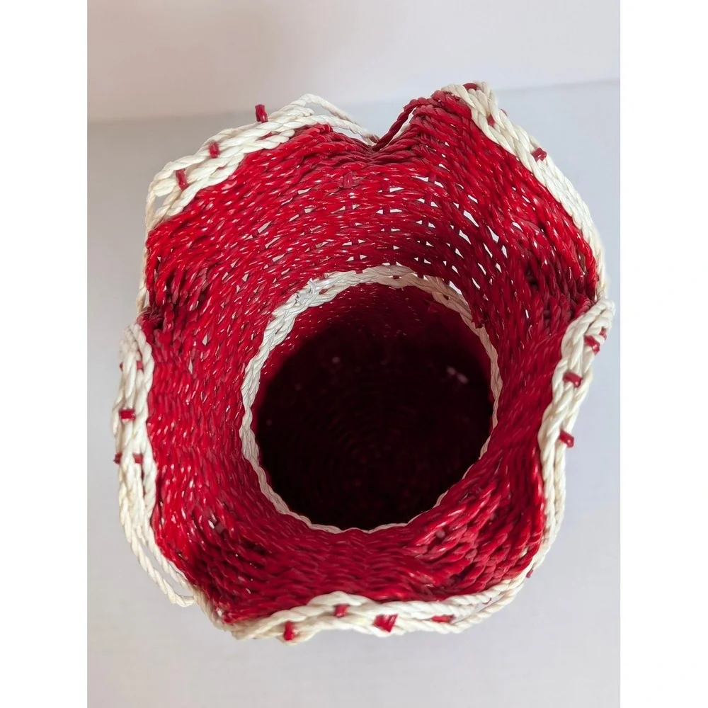 Vintage Red Wicker Basket Flower Vase Holder White Ruffled Top Bow Made in Korea